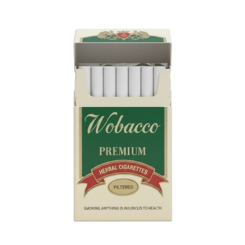 An open pack of Wobacco premium herbal cigarettes showing the filters