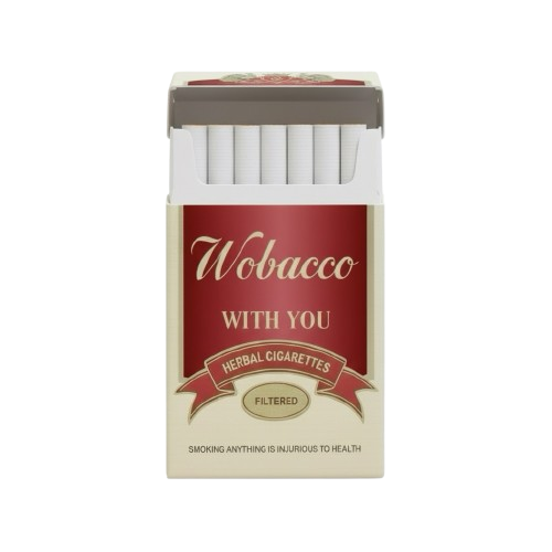 An open pack of Wobacco With You herbal cigarettes showing the filters